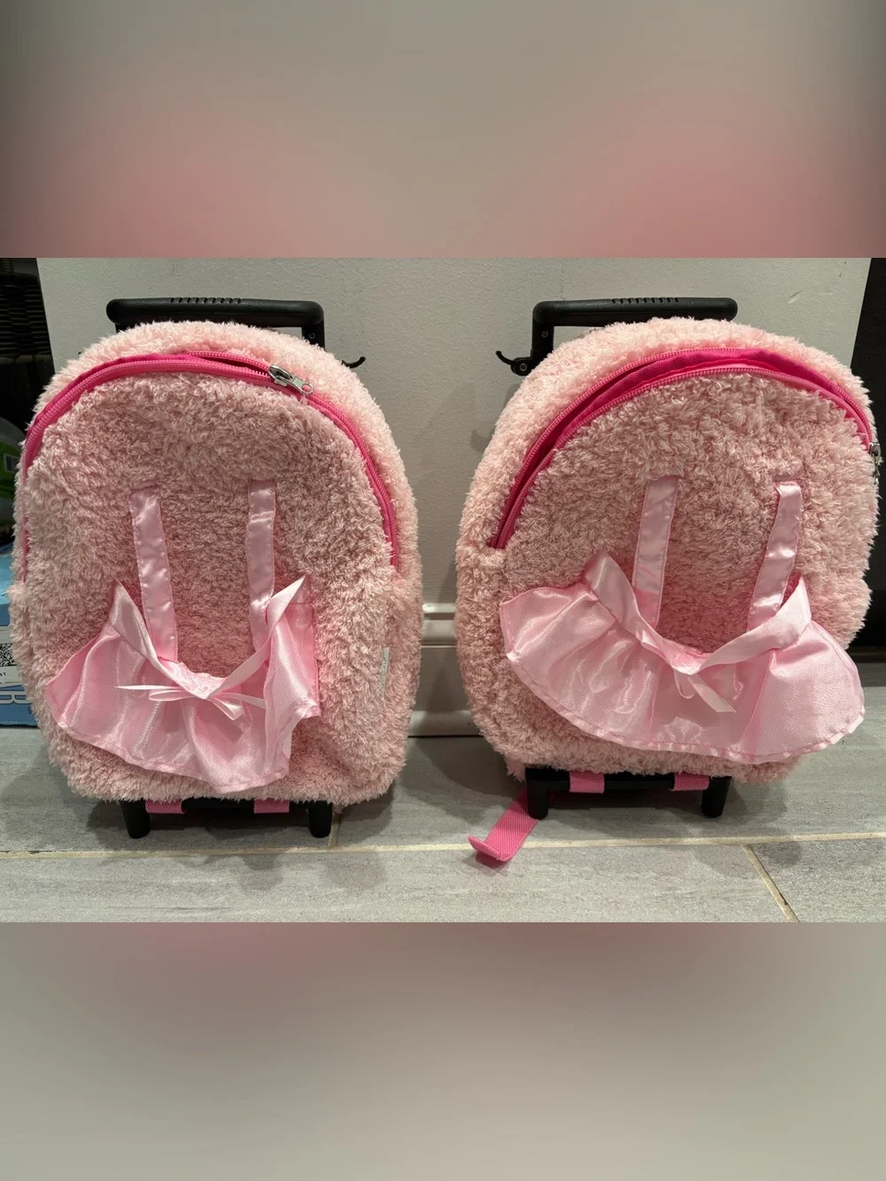 Pink Plush Kids Rolling Backpack with Bow